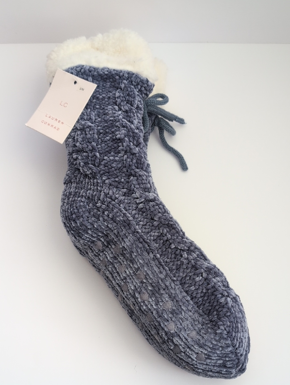LC Lauren Conrad Plush Cable-Knit Slipper Sock in Charcoal Blue NWT